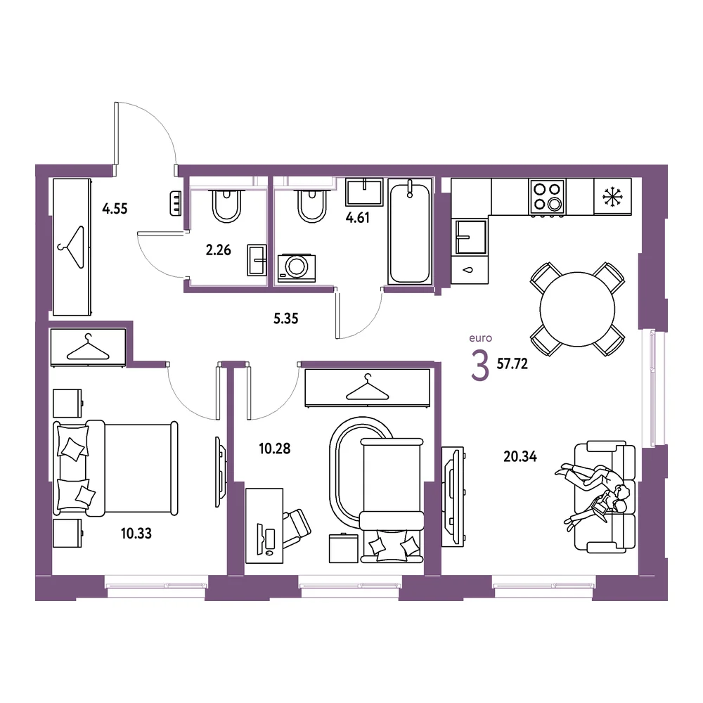 Планировка: Европейский берег 2.0 3-комнатная 57,72м²