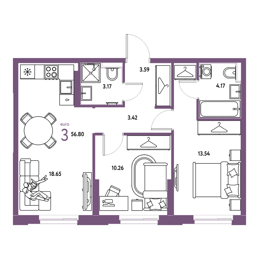 Планировка: Европейский берег 2.0 3-комнатная 56,80м²