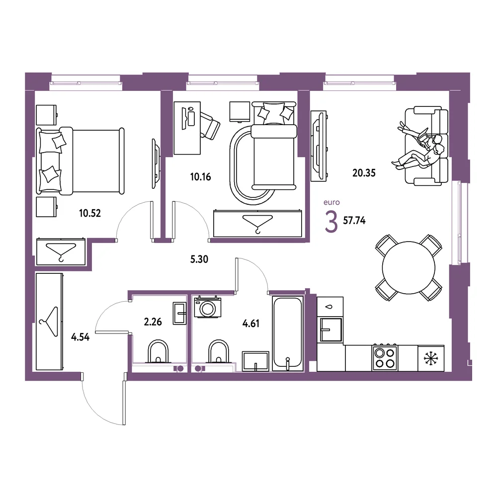 Планировка: Европейский берег 2.0 3-комнатная 57,74м²