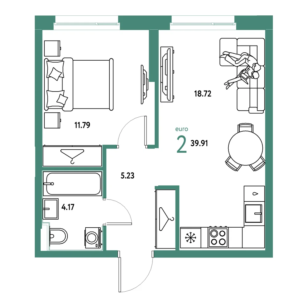 Планировка: Европейский берег 2.0 2-комнатная 39,91м²