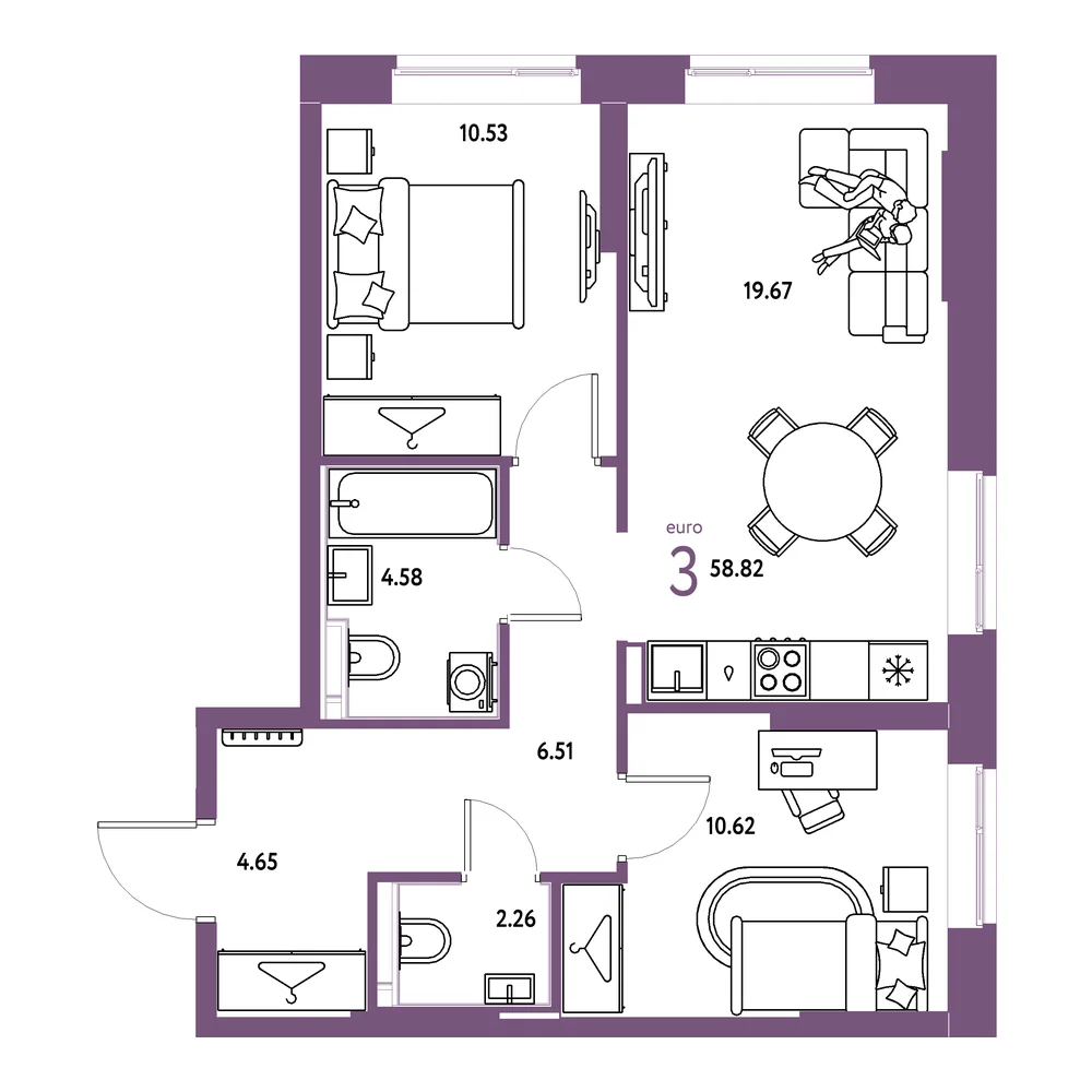Планировка: Европейский берег 2.0 3-комнатная 58,82м²