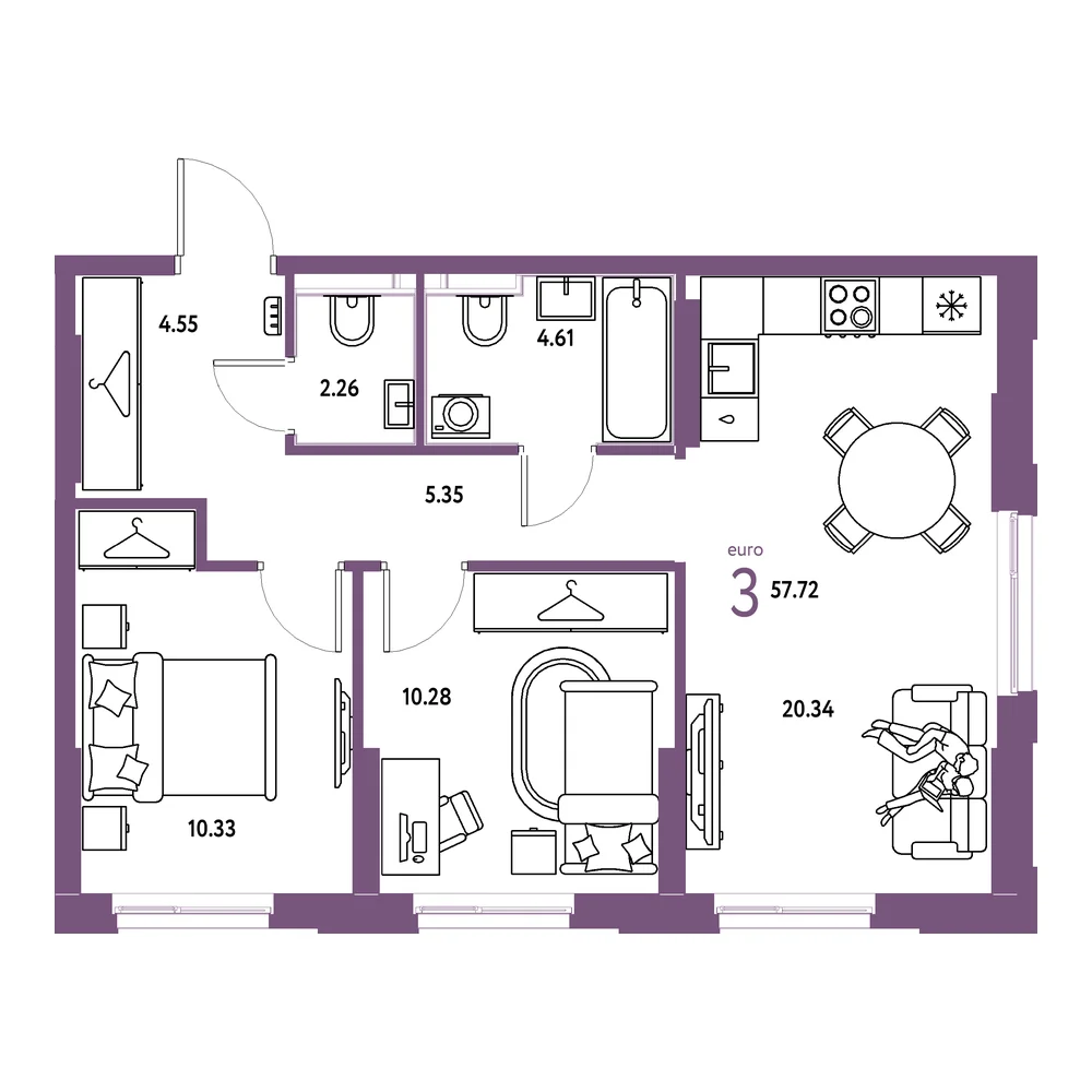 Планировка: Европейский берег 2.0 3-комнатная 57,72м²