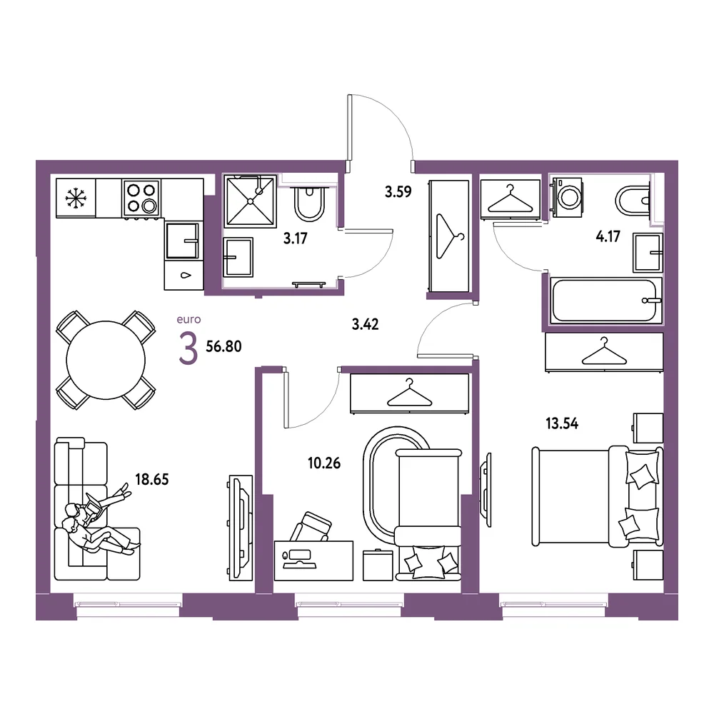 Планировка: Европейский берег 2.0 3-комнатная 56,80м²
