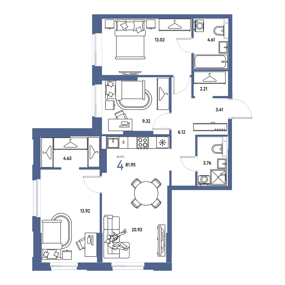 Планировка: Европейский берег 2.0 4-комнатная 81,95м²
