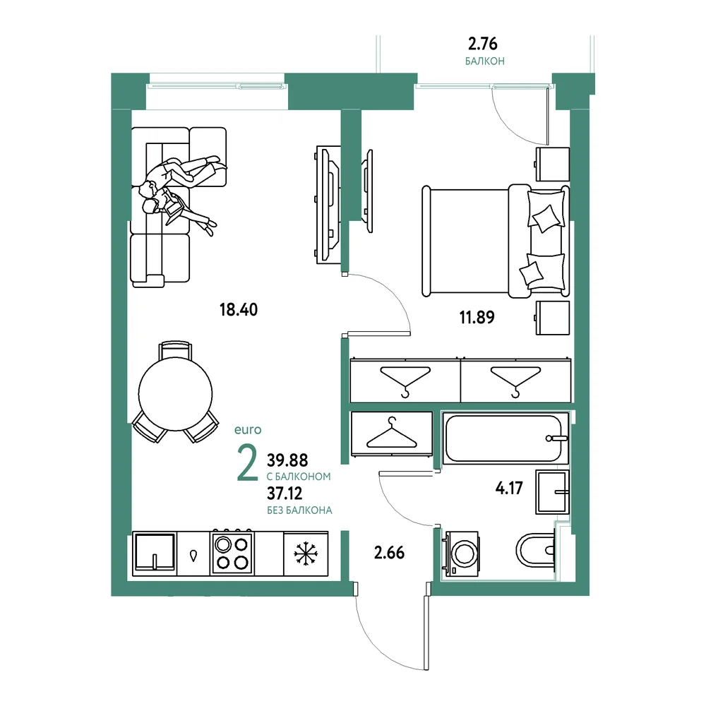 Планировка: Европейский берег 2.0 2-комнатная 39,88м²