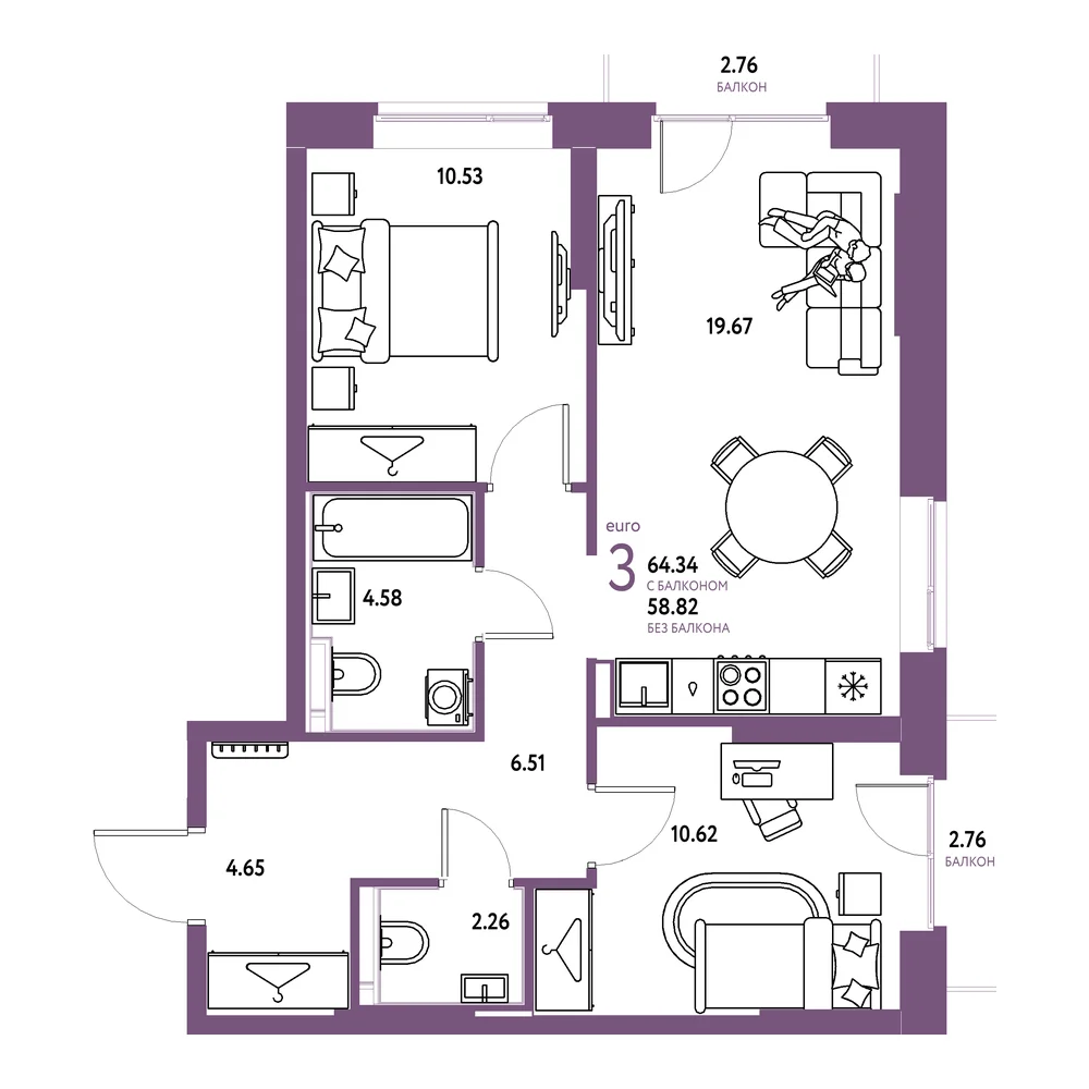 Планировка: Европейский берег 2.0 3-комнатная 64,34м²
