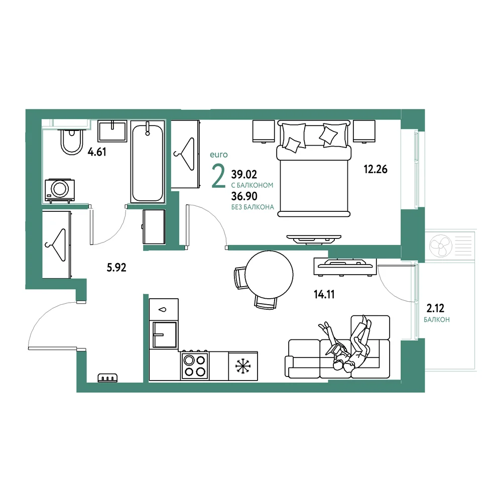 Планировка: Европейский берег 2.0 2-комнатная 39,02м²