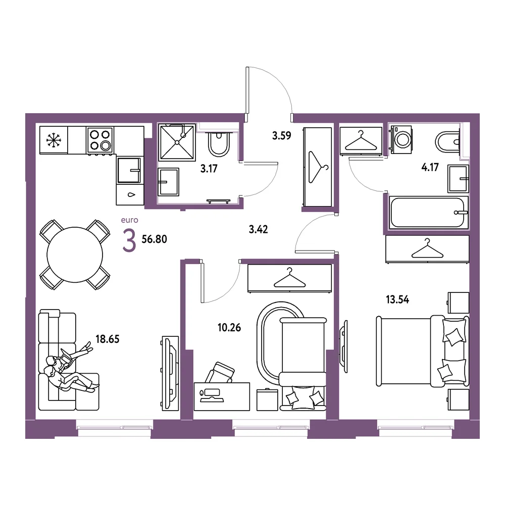 Планировка: Европейский берег 2.0 3-комнатная 56,80м²