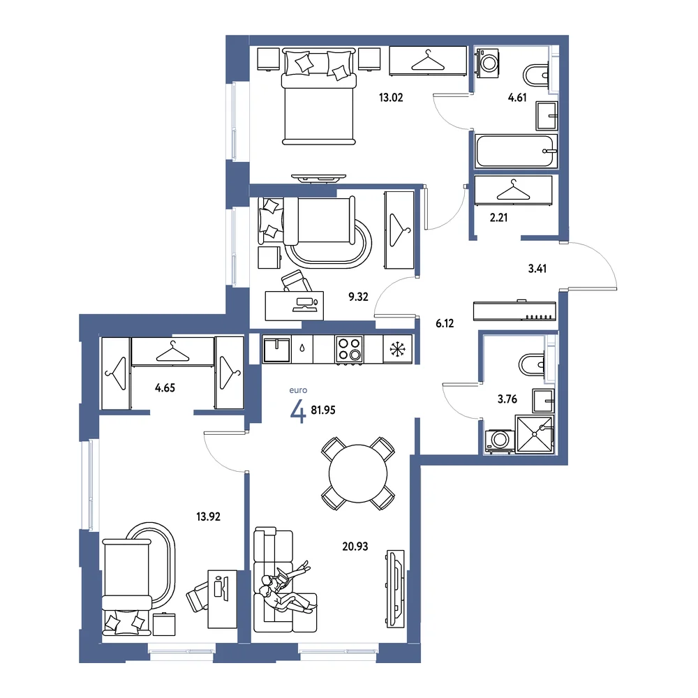 Планировка: Европейский берег 2.0 4-комнатная 81,95м²