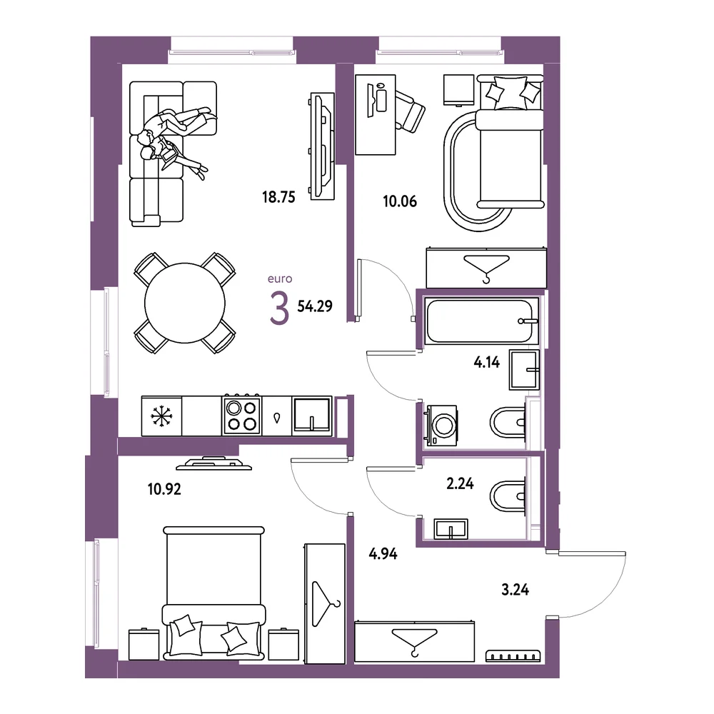 Планировка: Европейский берег 2.0 3-комнатная 54,31м²