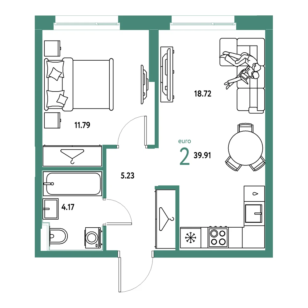Планировка: Европейский берег 2.0 2-комнатная 39,91м²