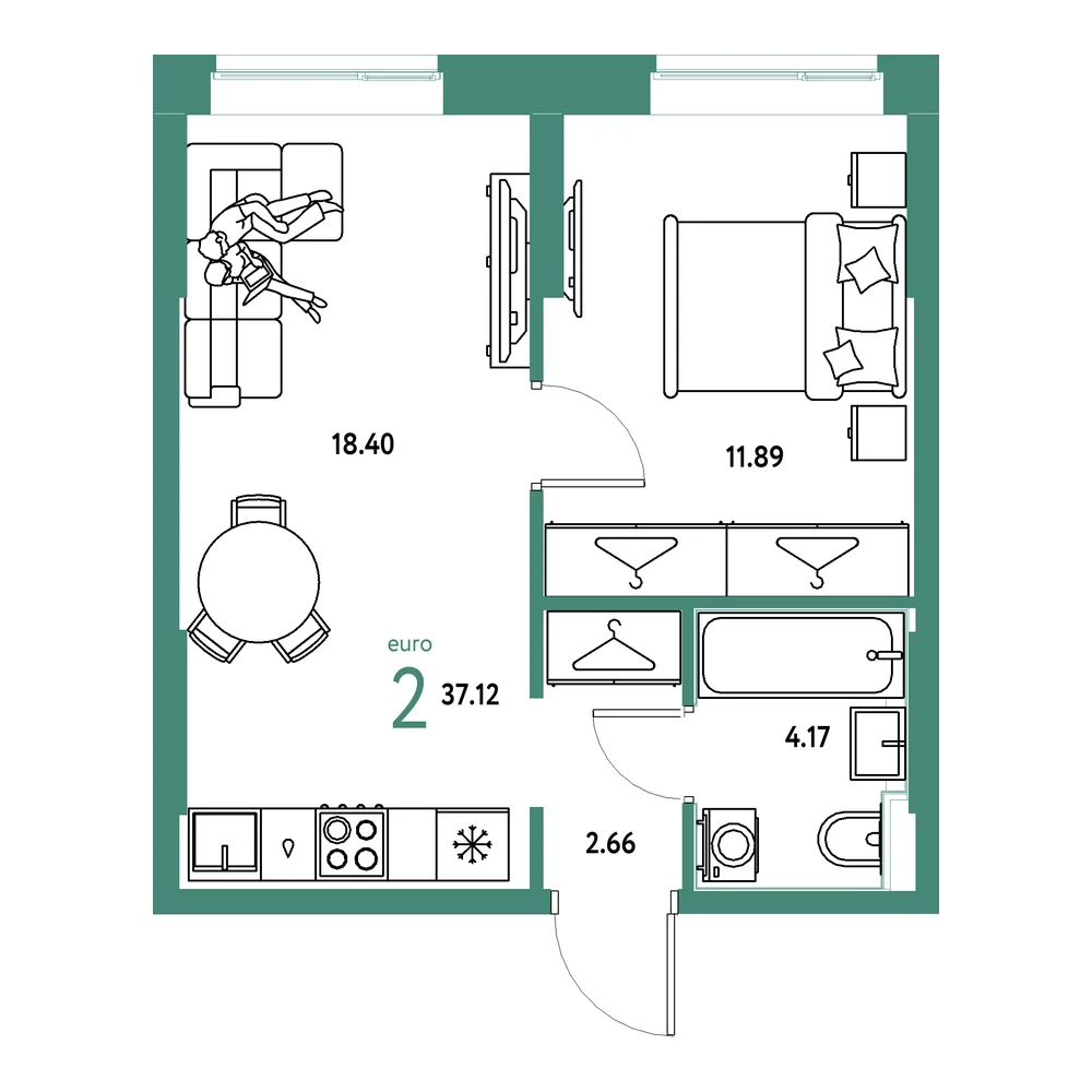 Планировка: Европейский берег 2.0 2-комнатная 37,12м²