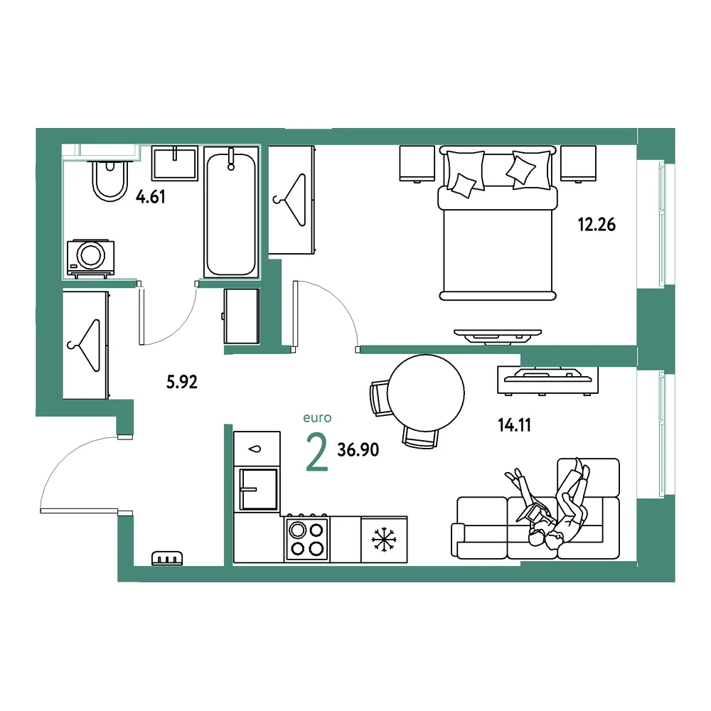 Планировка: Европейский берег 2.0 2-комнатная 36,90м²