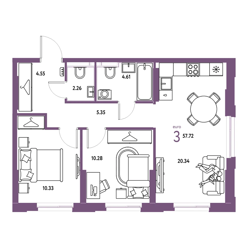 Планировка: Европейский берег 2.0 3-комнатная 57,72м²