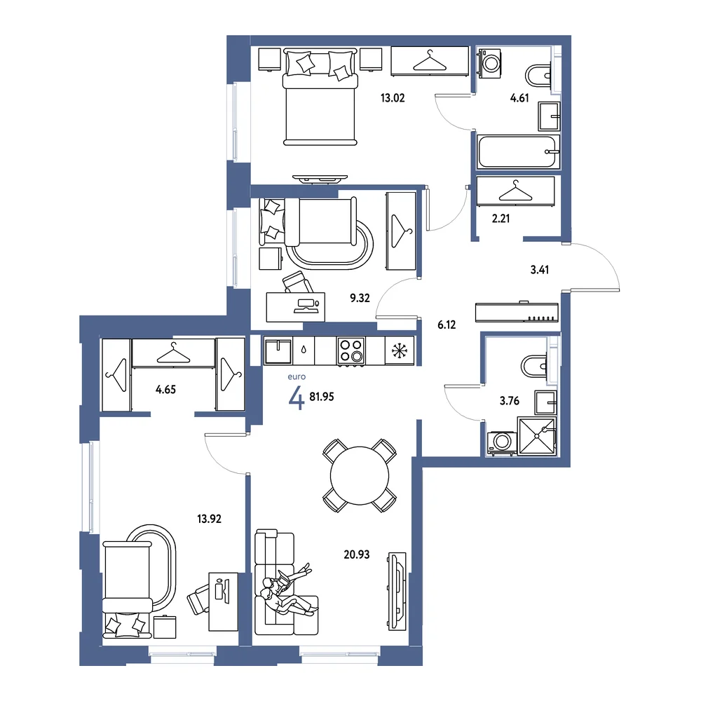 Планировка: Европейский берег 2.0 4-комнатная 81,95м²
