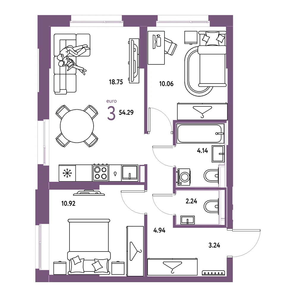 Планировка: Европейский берег 2.0 3-комнатная 54,31м²