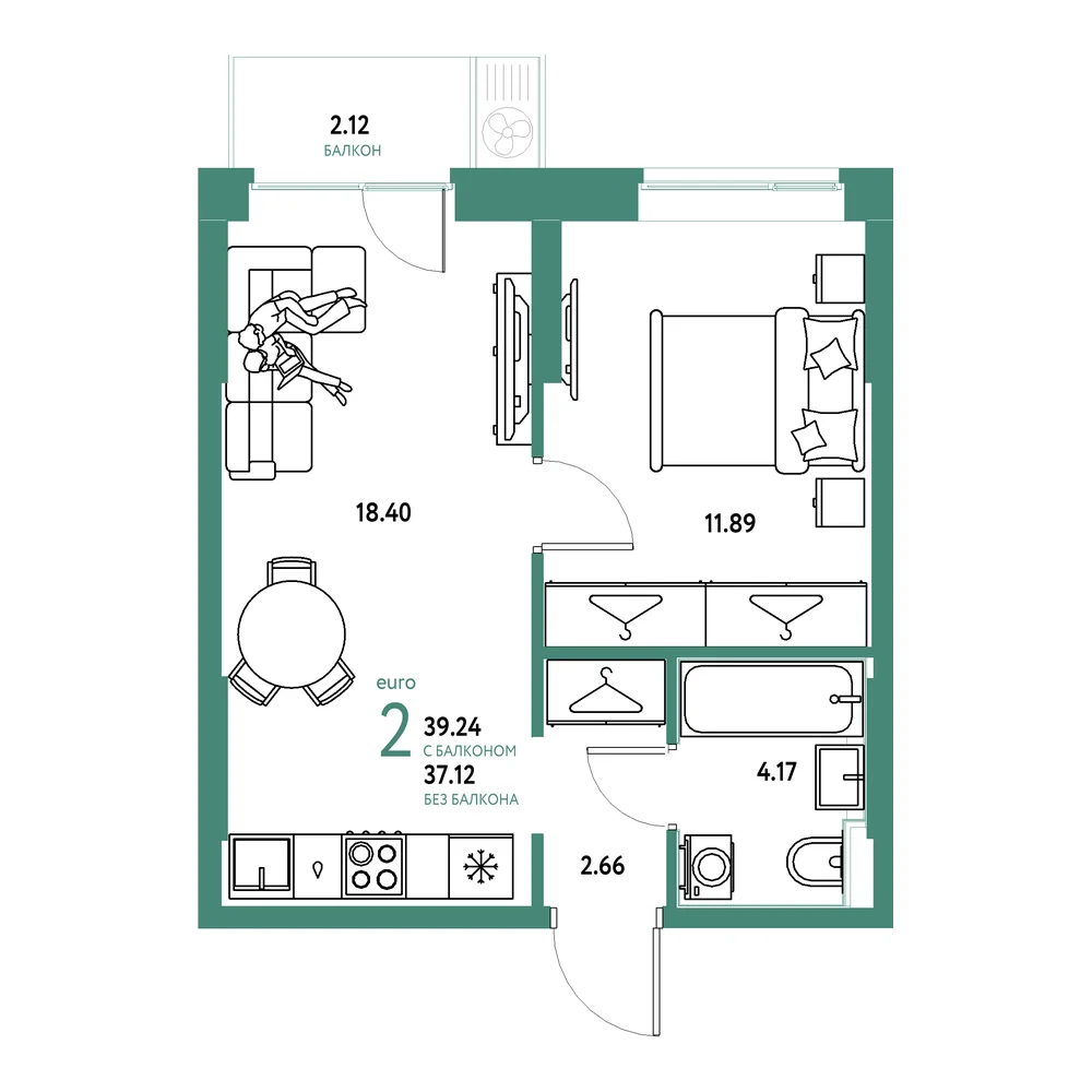 Планировка: Европейский берег 2.0 2-комнатная 39,24м²