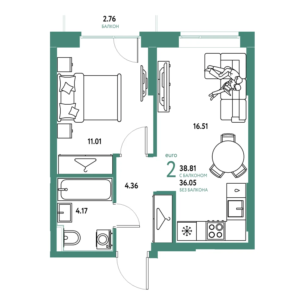 Планировка: Европейский берег 2.0 2-комнатная 38,81м²