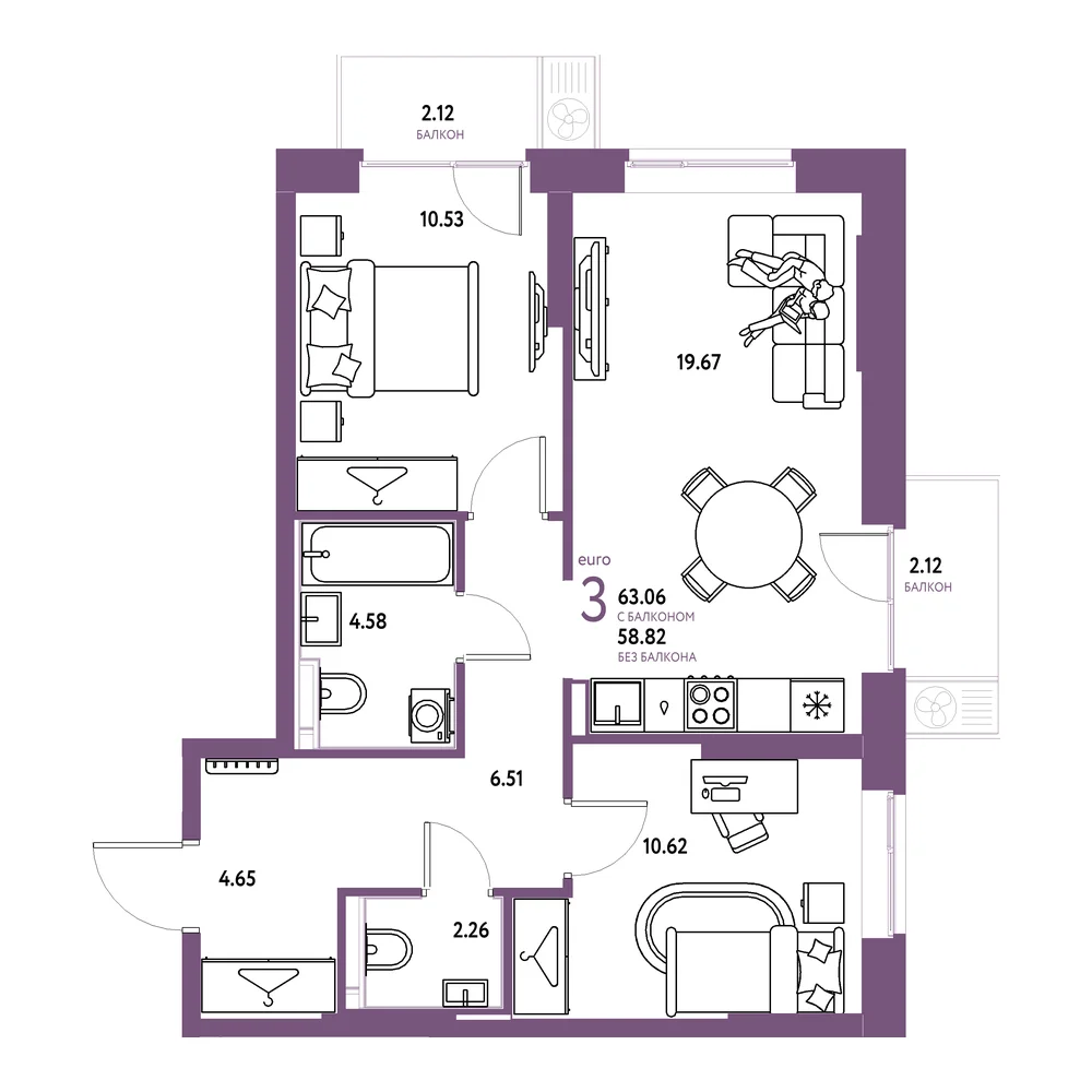 Планировка: Европейский берег 2.0 3-комнатная 63,06м²