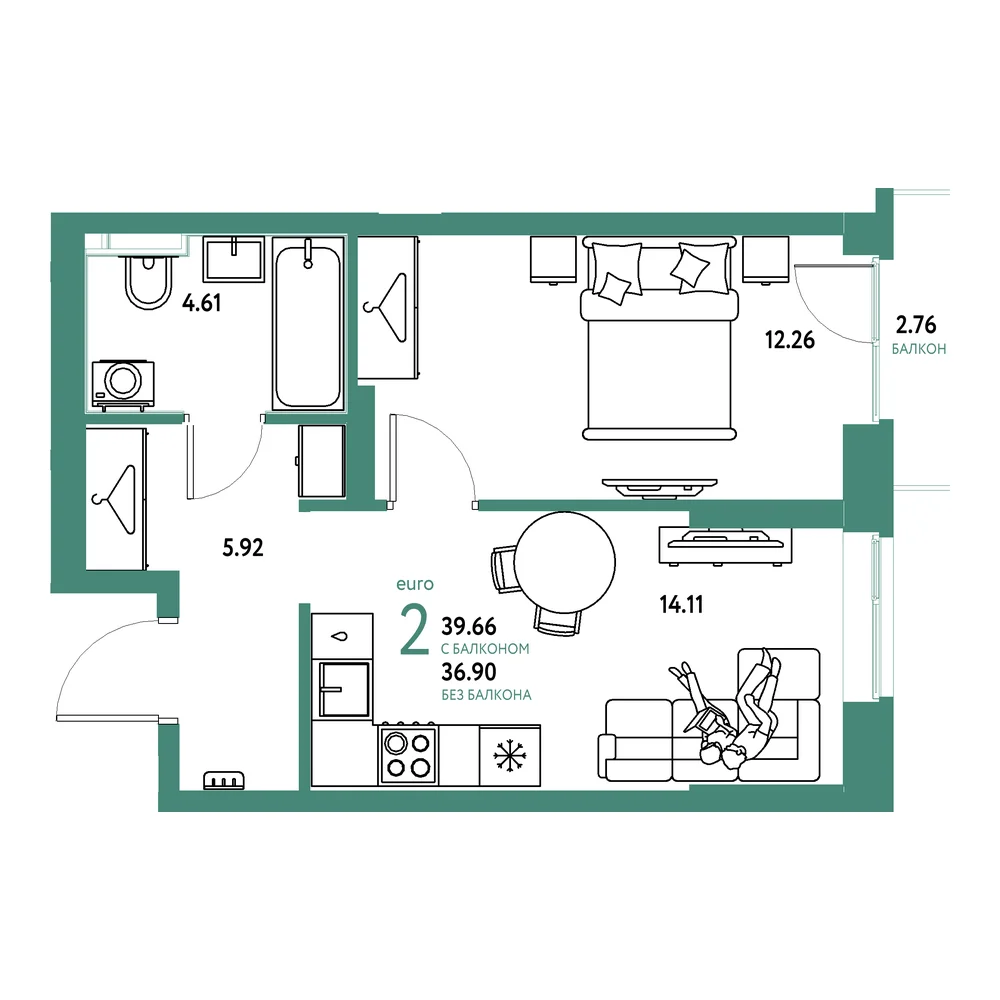 Планировка: Европейский берег 2.0 2-комнатная 39,66м²