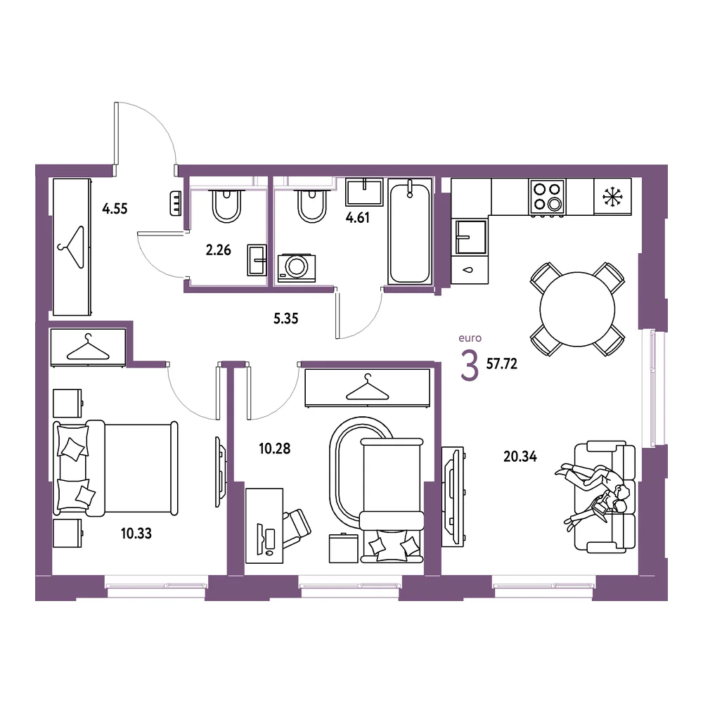 Планировка: Европейский берег 2.0 3-комнатная 57,72м²