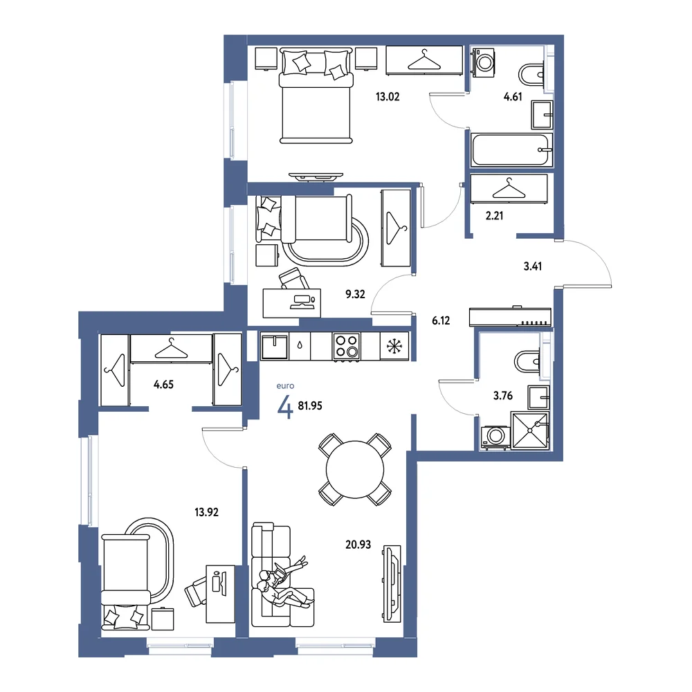 Планировка: Европейский берег 2.0 4-комнатная 81,95м²