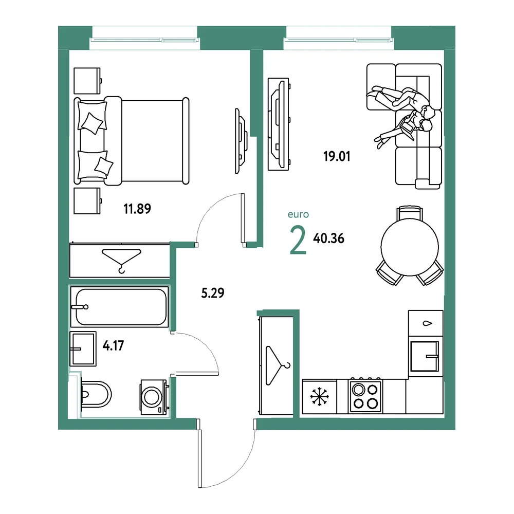 Планировка: Европейский берег 2.0 2-комнатная 40,36м²