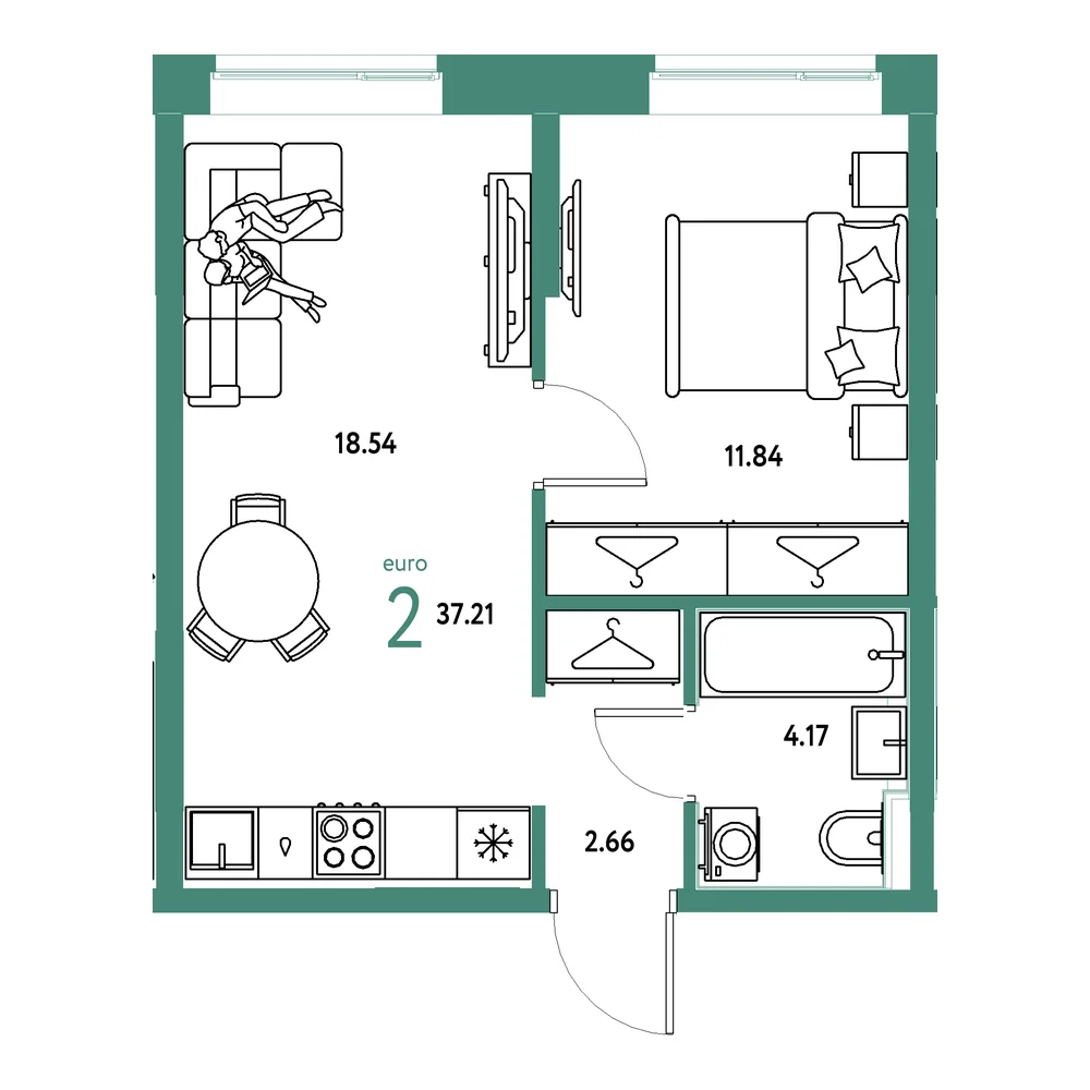 Планировка: Европейский берег 2.0 2-комнатная 37,21м²