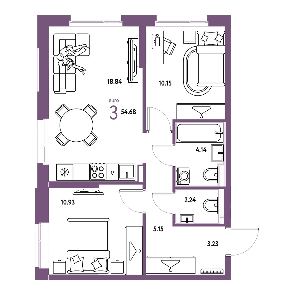 Планировка: Европейский берег 2.0 3-комнатная 54,70м²