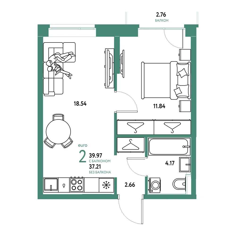 Планировка: Европейский берег 2.0 2-комнатная 39,97м²