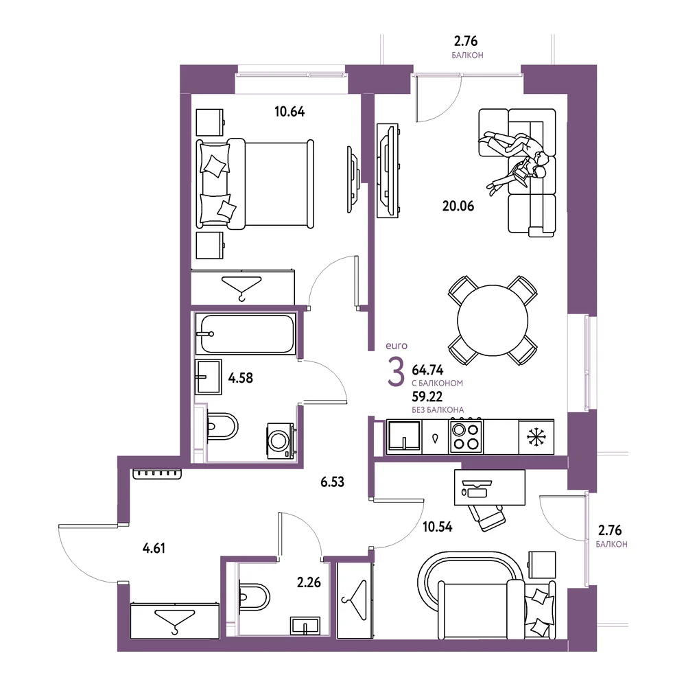 Планировка: Европейский берег 2.0 3-комнатная 64,74м²
