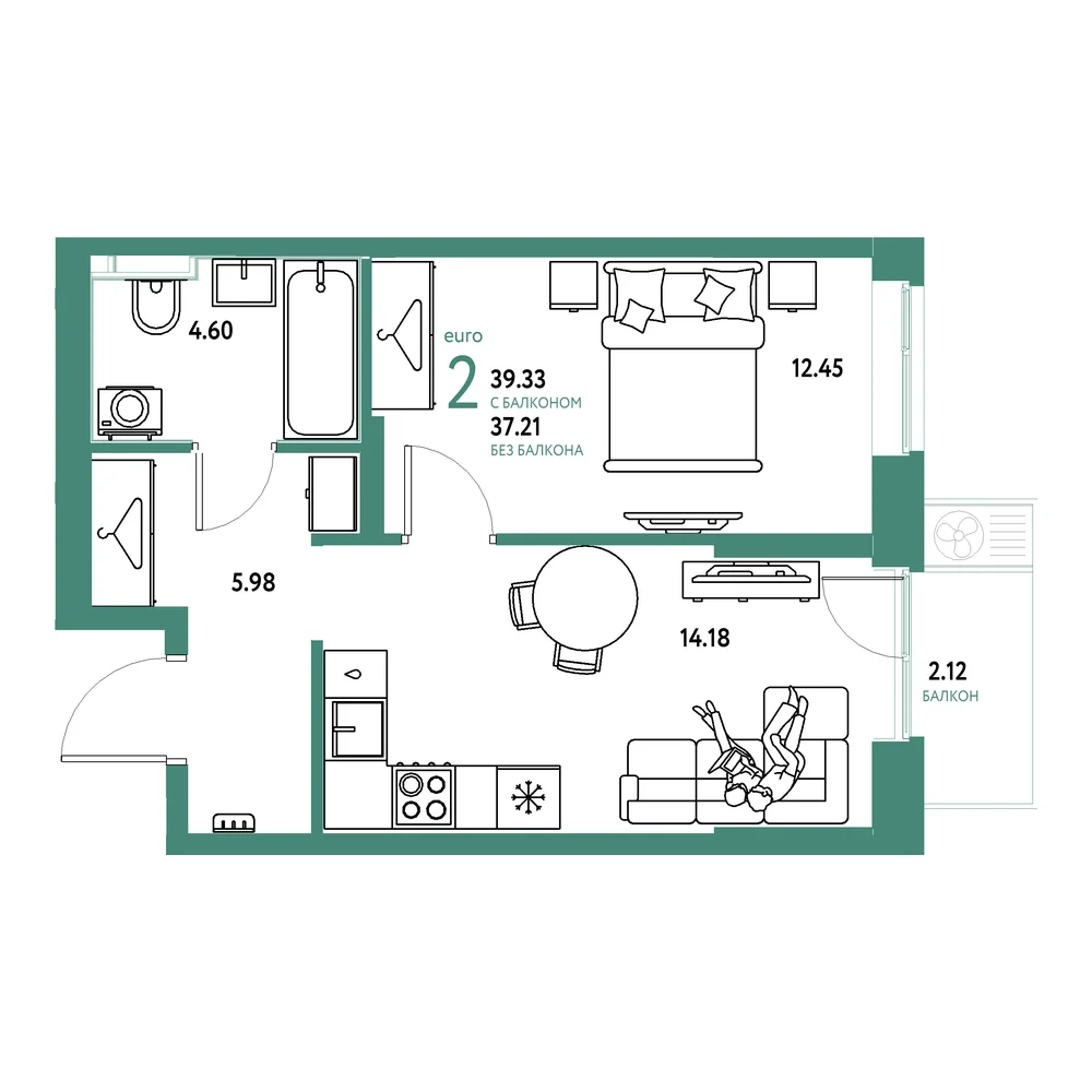 Планировка: Европейский берег 2.0 2-комнатная 39,34м²