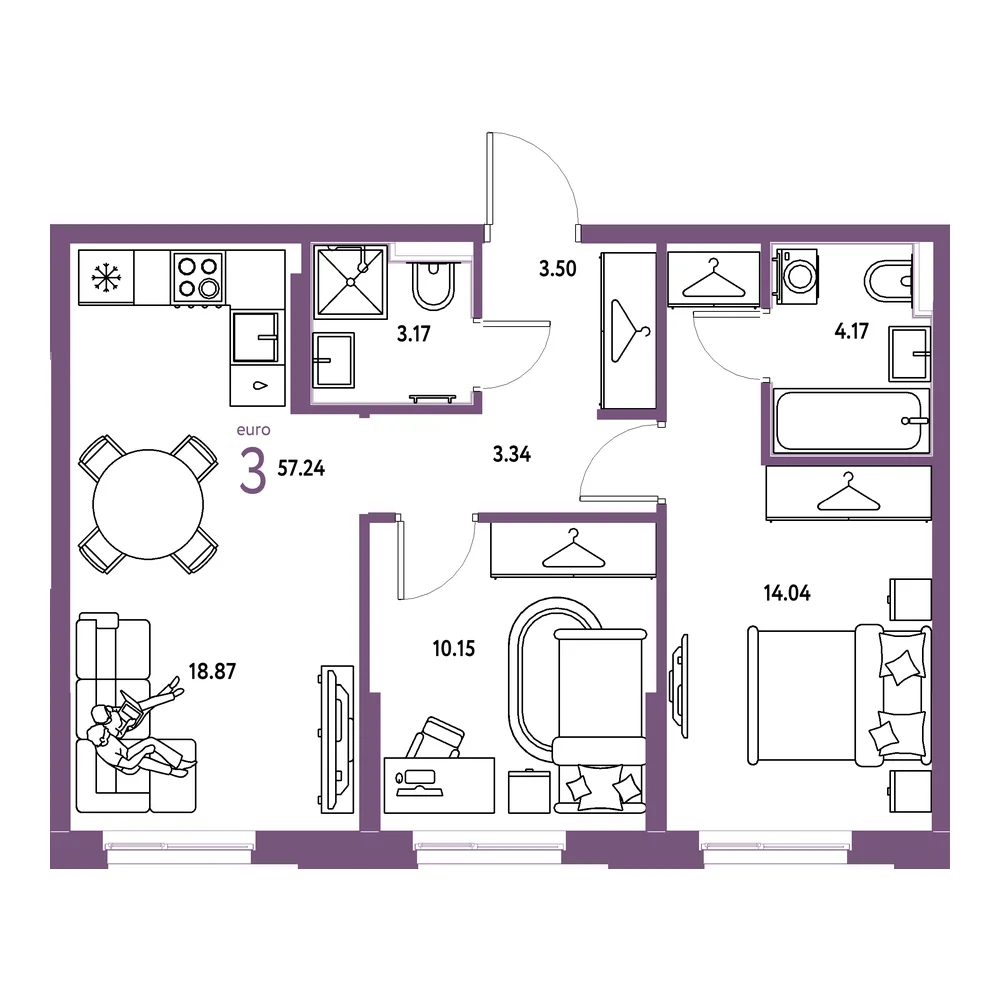 Планировка: Европейский берег 2.0 3-комнатная 57,24м²