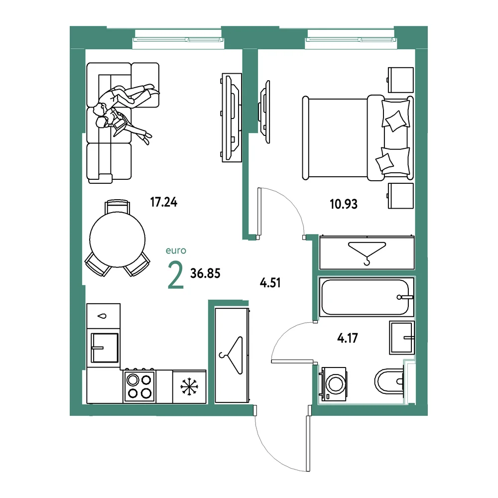 Планировка: Европейский берег 2.0 2-комнатная 36,85м²