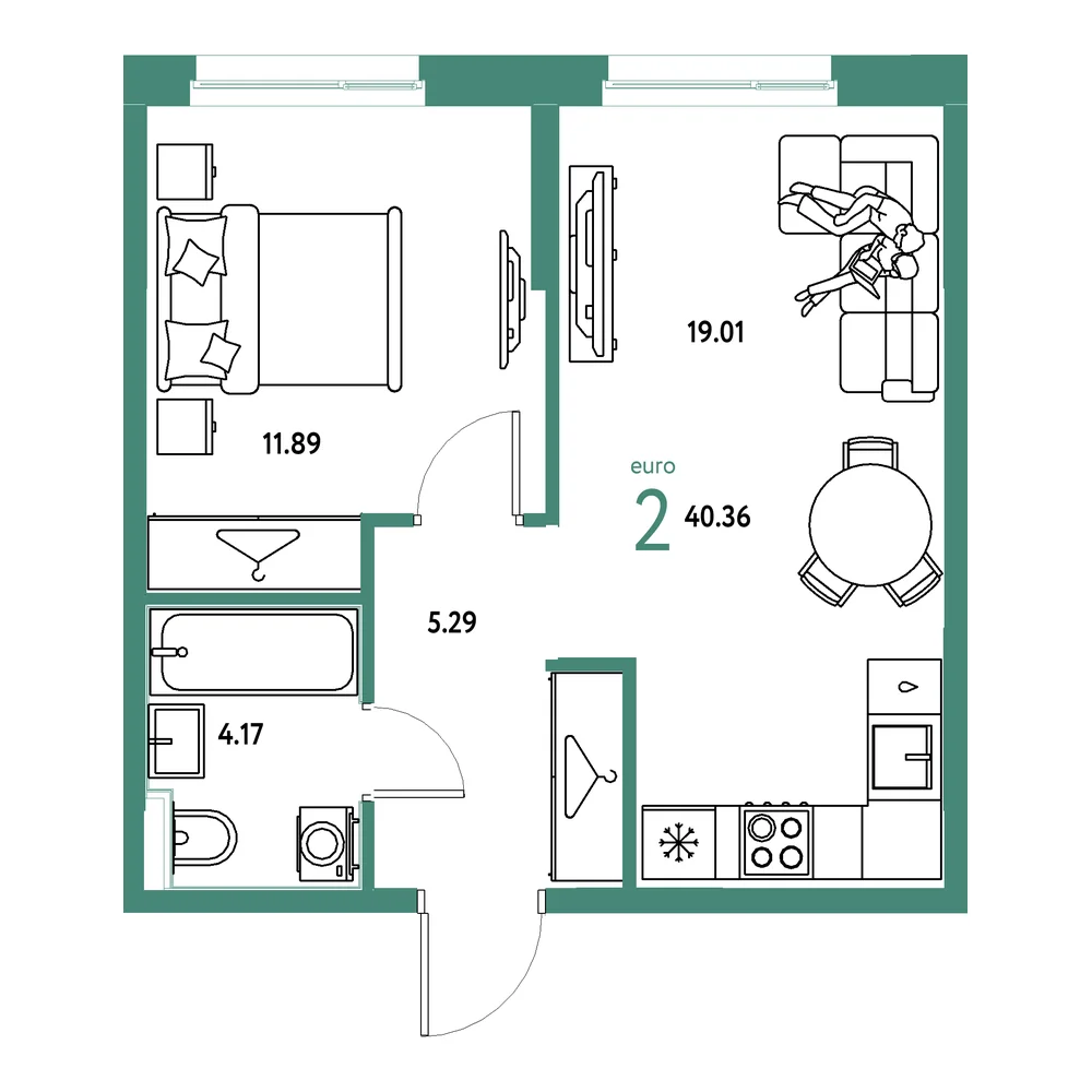 Планировка: Европейский берег 2.0 2-комнатная 40,36м²