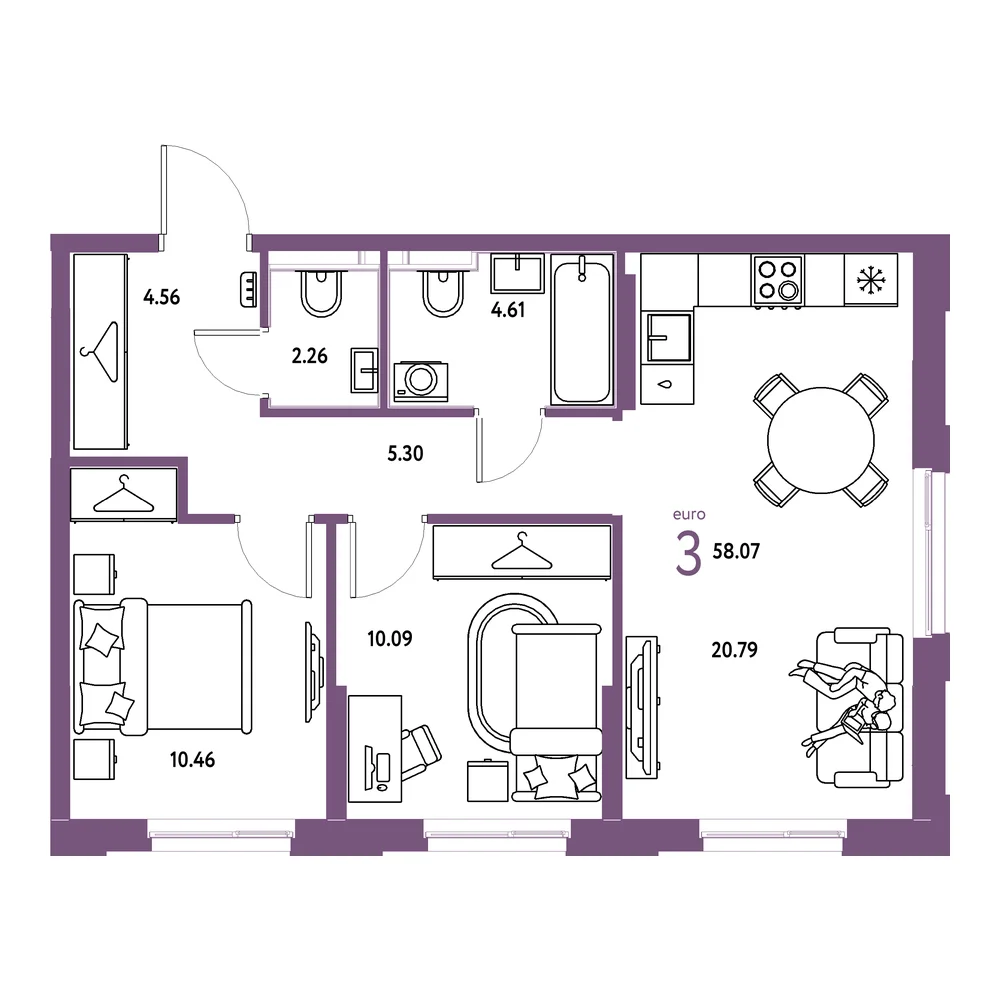 Планировка: Европейский берег 2.0 3-комнатная 58,07м²