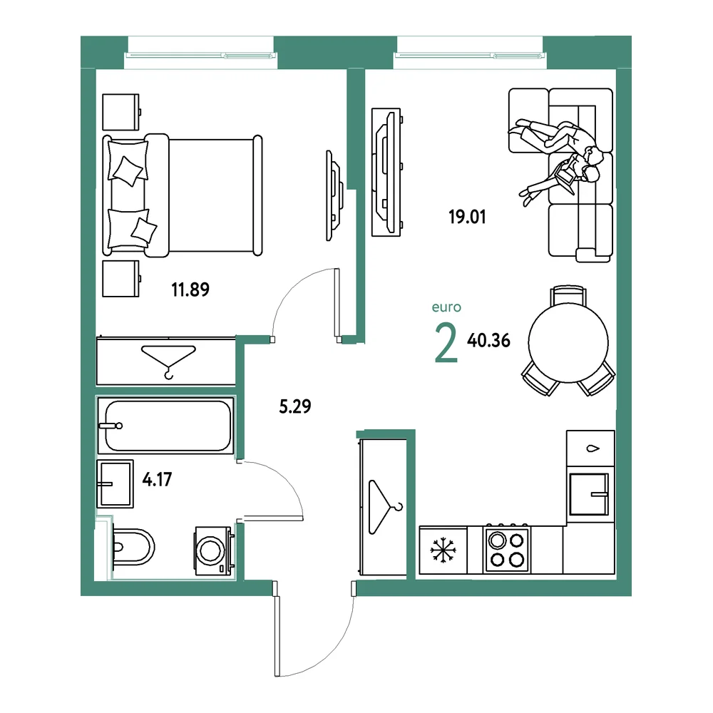 Планировка: Европейский берег 2.0 2-комнатная 40,36м²