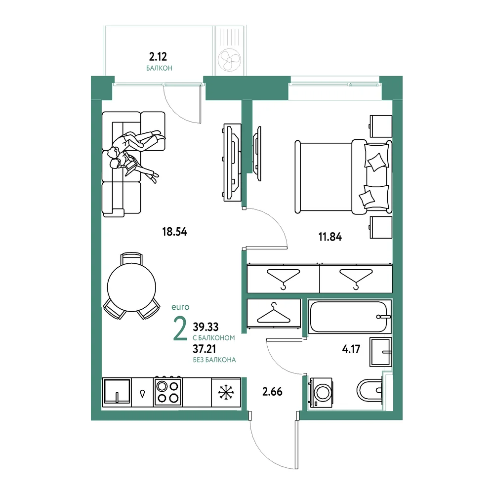 Планировка: Европейский берег 2.0 2-комнатная 39,33м²