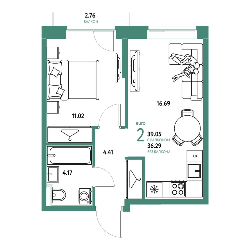 Планировка: Европейский берег 2.0 2-комнатная 39,05м²