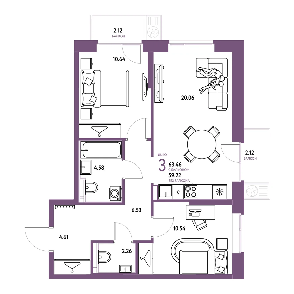 Планировка: Европейский берег 2.0 3-комнатная 63,46м²
