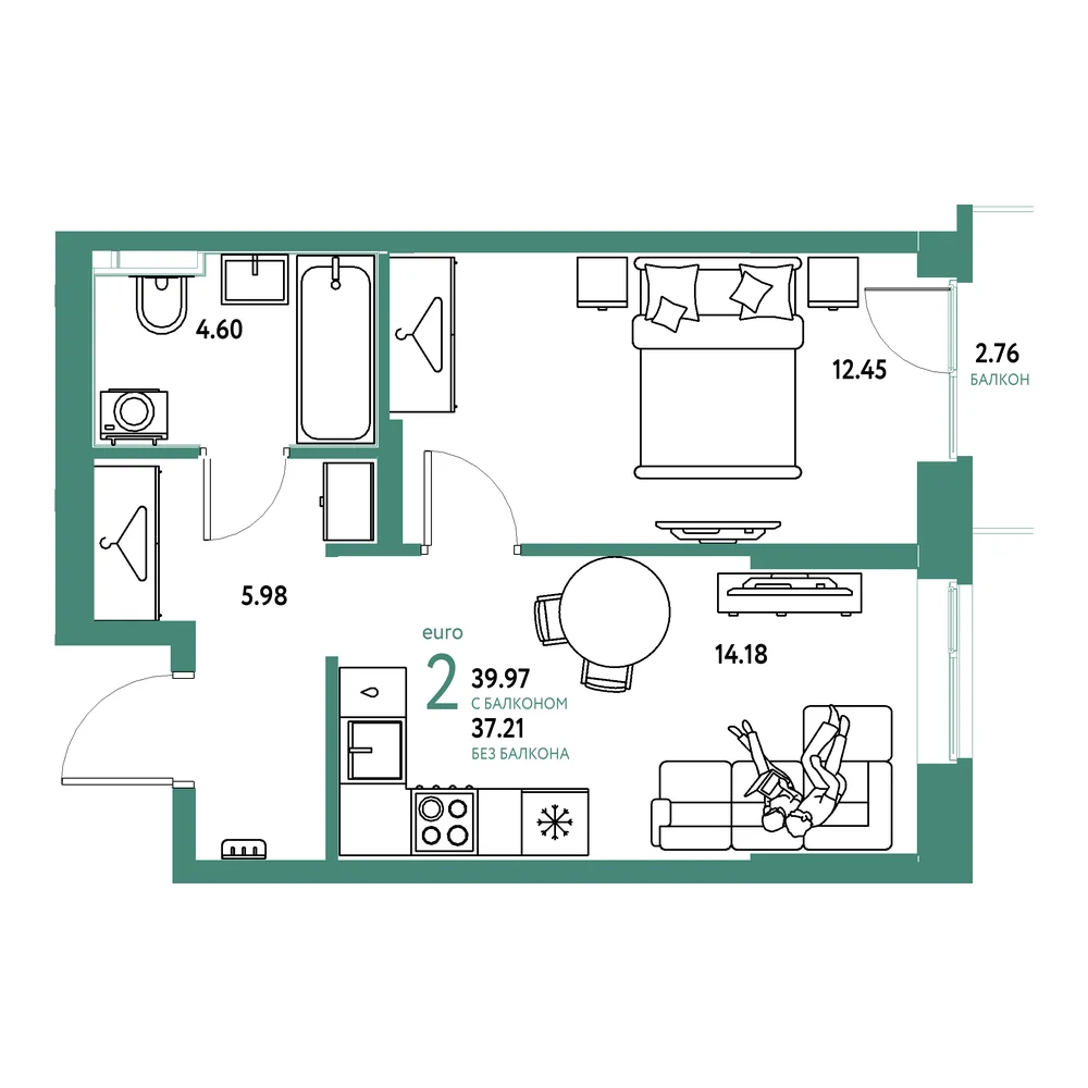 Планировка: Европейский берег 2.0 2-комнатная 39,98м²