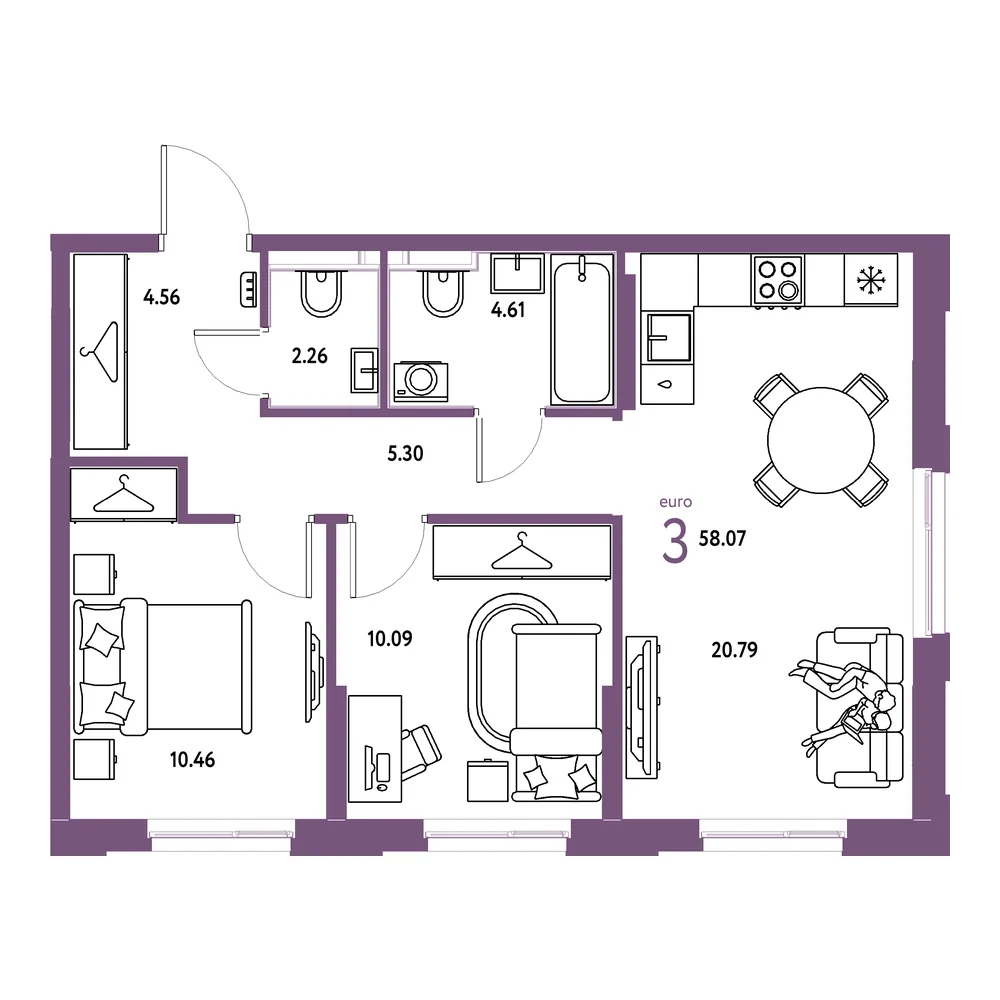 Планировка: Европейский берег 2.0 3-комнатная 58,07м²