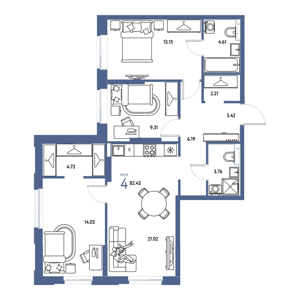 Планировка: Европейский берег 2.0 4-комнатная 82,43м²