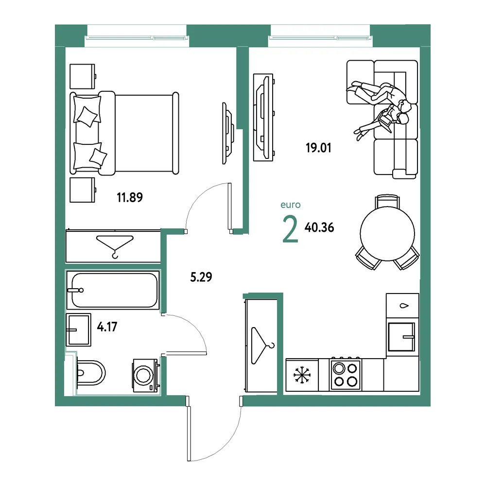 Планировка: Европейский берег 2.0 2-комнатная 40,36м²