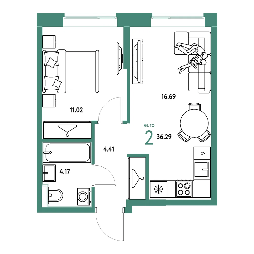 Планировка: Европейский берег 2.0 2-комнатная 36,29м²