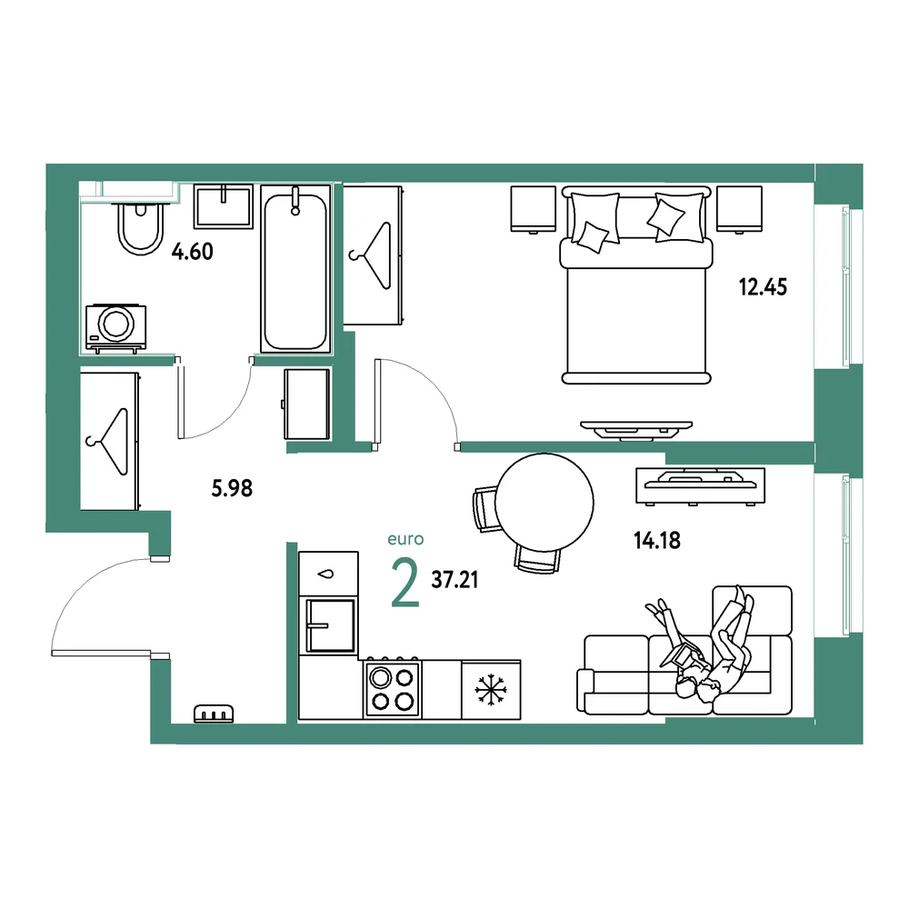 Планировка: Европейский берег 2.0 2-комнатная 37,22м²