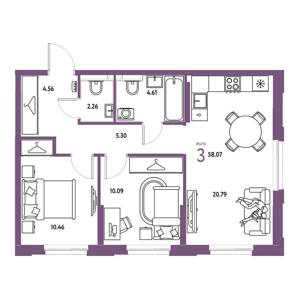 Планировка: Европейский берег 2.0 3-комнатная 58,07м²