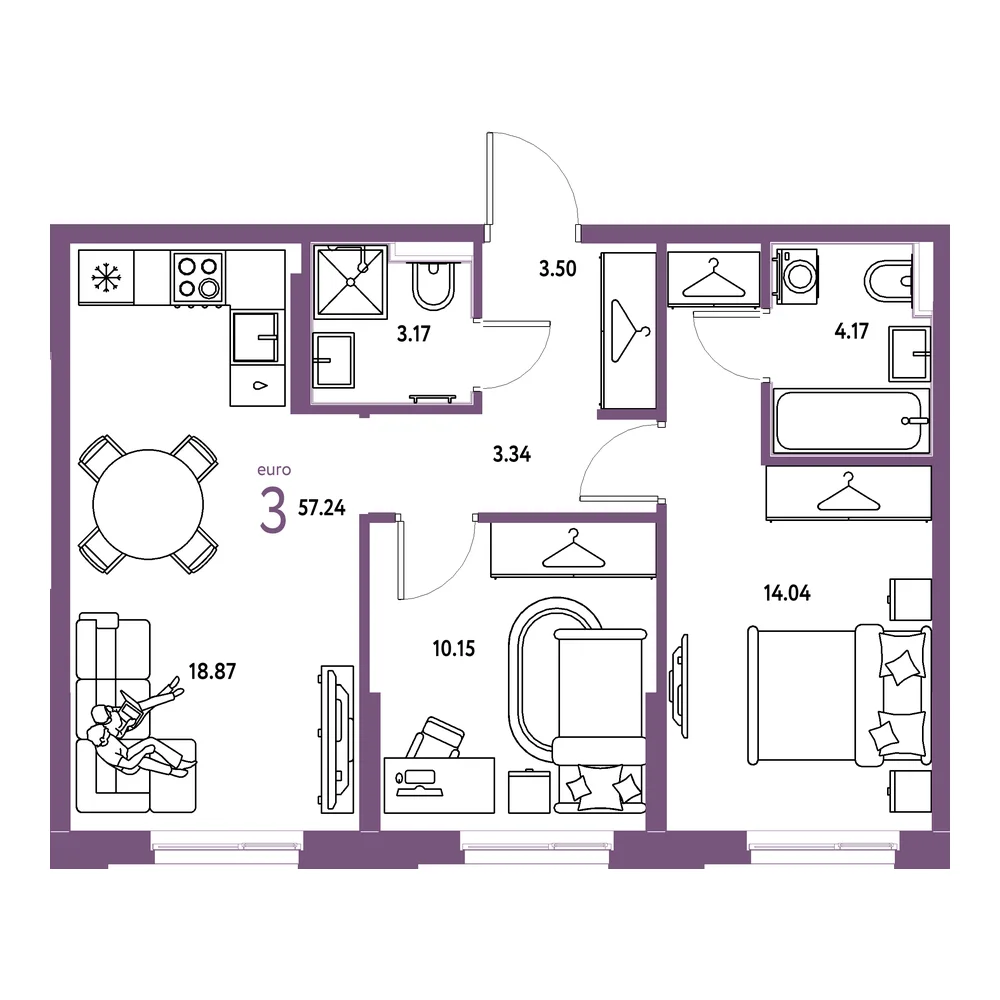 Планировка: Европейский берег 2.0 3-комнатная 57,24м²