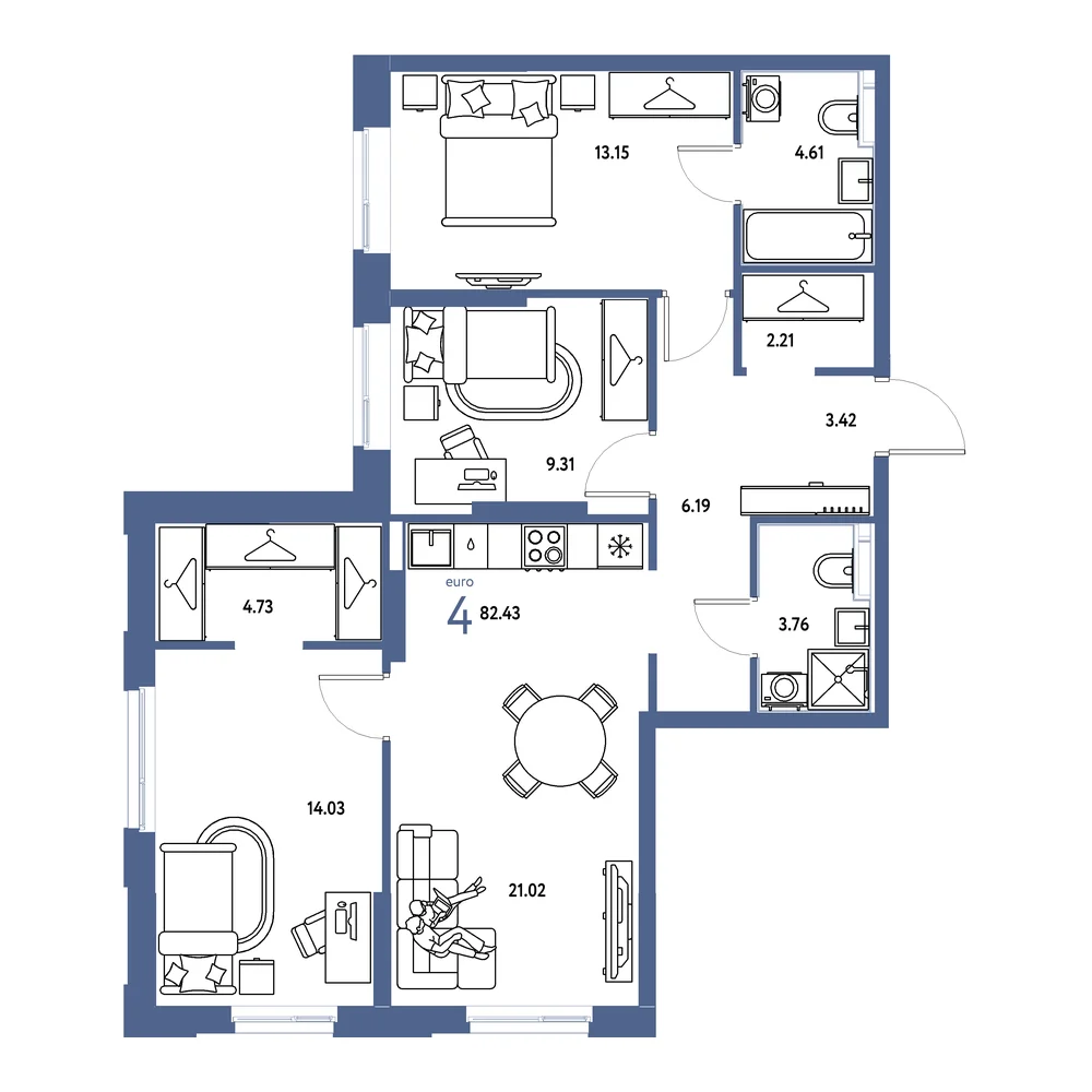 Планировка: Европейский берег 2.0 4-комнатная 82,43м²