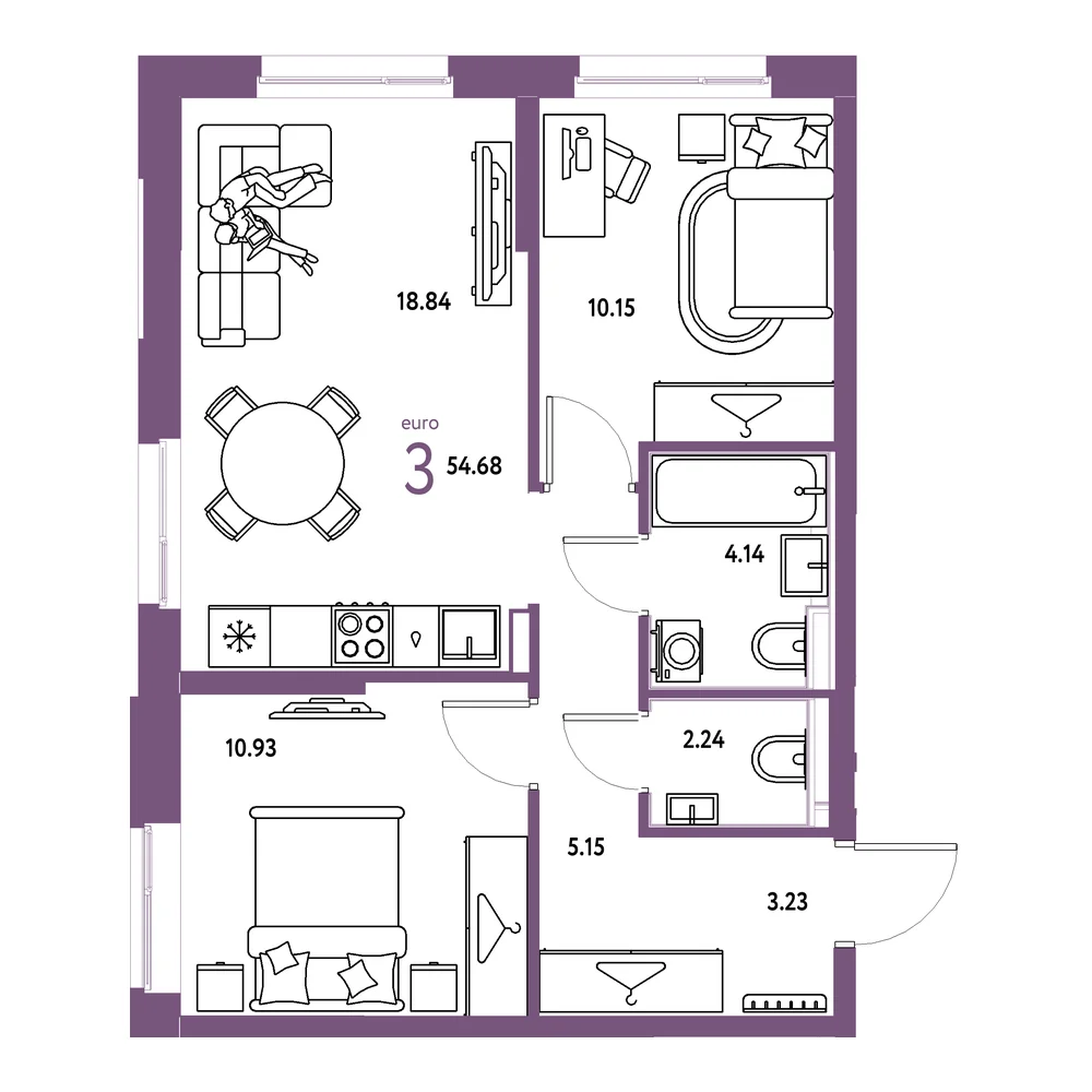 Планировка: Европейский берег 2.0 3-комнатная 54,70м²